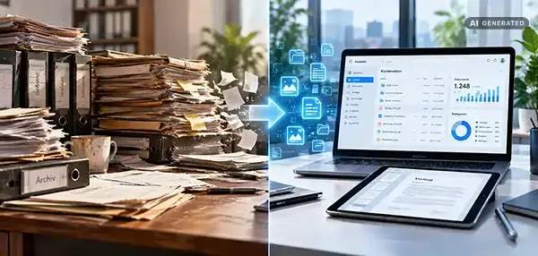 Symbolbild (KI-generiert) Darstellung der Digitalisierung von Klientenakten
