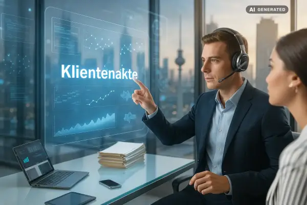 Symbolbild (KI-generiert) Ein Mann mit Headset bedient im Büro eine schwebende, digitale Anzeige mit Grafiken und Diagrammen, während eine Kollegin zusieht.