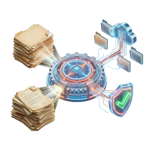 Abstraktes Diagramm: Digitalisierung papierbasierter Akten zu Cloud-Speicher unter Sicherheitskontrolle.